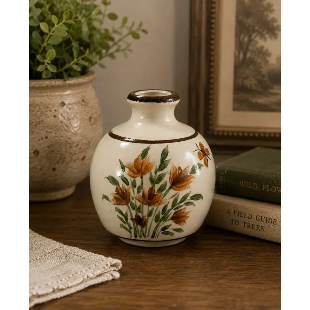 Vintage Hand Painted Stoneware Vase Floral Butterfly Folk Art Pottery 5” Heavy